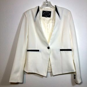 Love Tree Size M Lined White Fitted Blazer Jacket Black Leather Accent Button